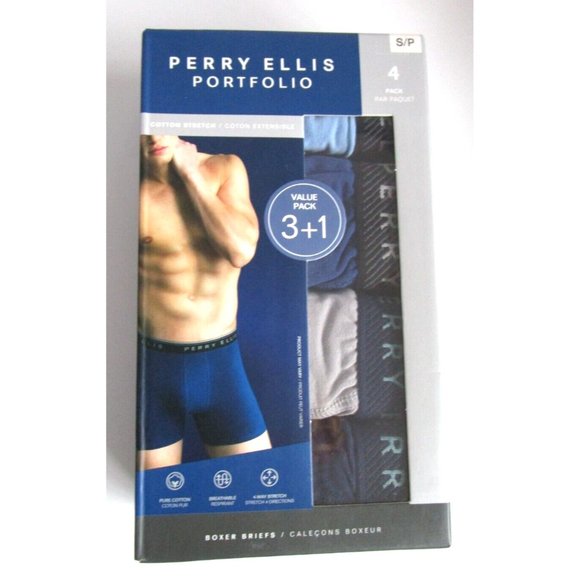 PERRY ELLIS PORTFOLIO 3+1 Pack Men's Small S Boxer Briefs Cotton Grey/Black/Blue - Picture 1 of 9